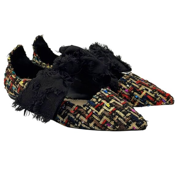 Zara Multicolor Tweed Pointed Flats Black Frayed Bow Women's Size EU 37/US 6.5 - Picture 6 of 16